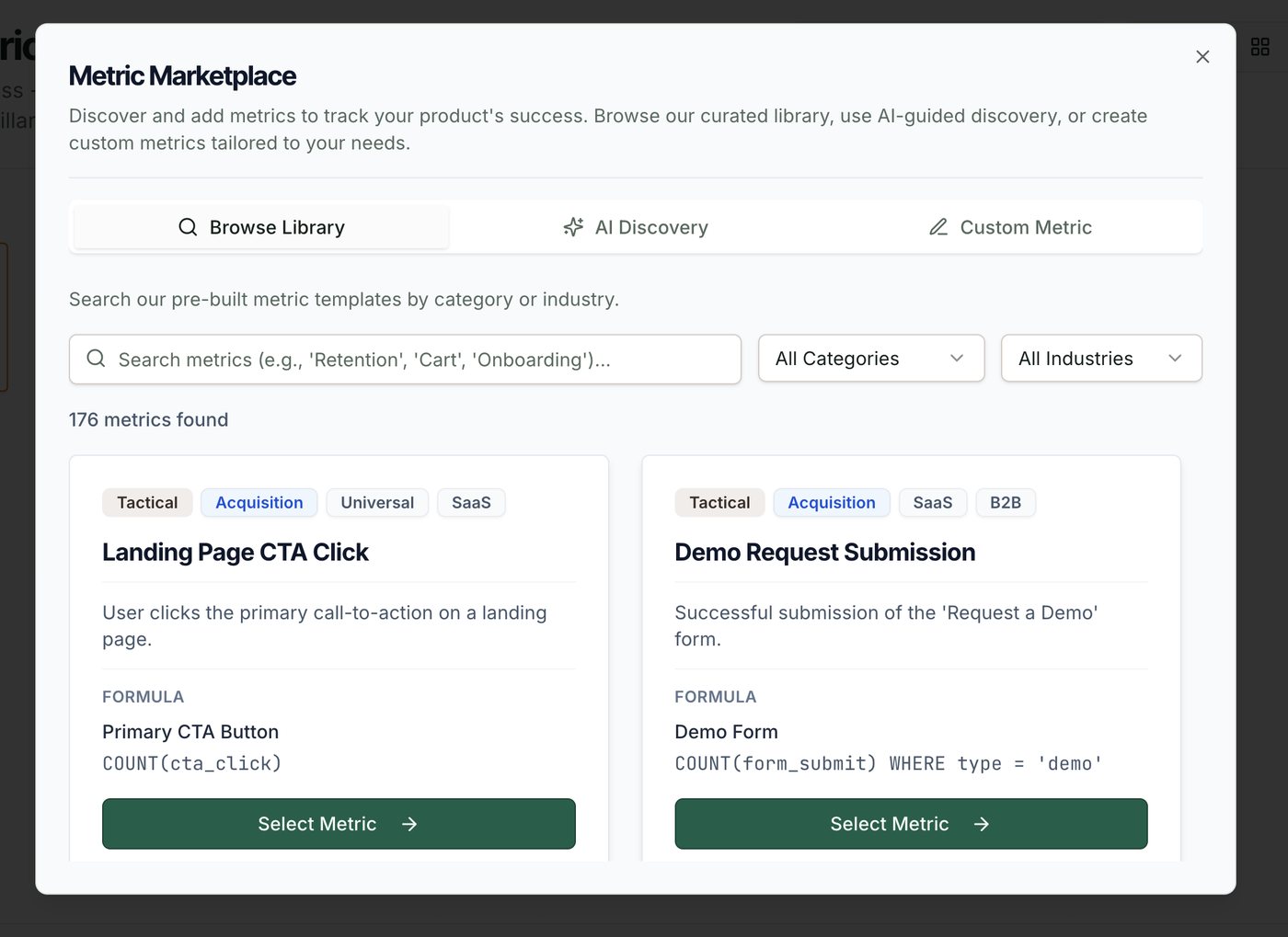 North Metric Marketplace with pre-built metric templates