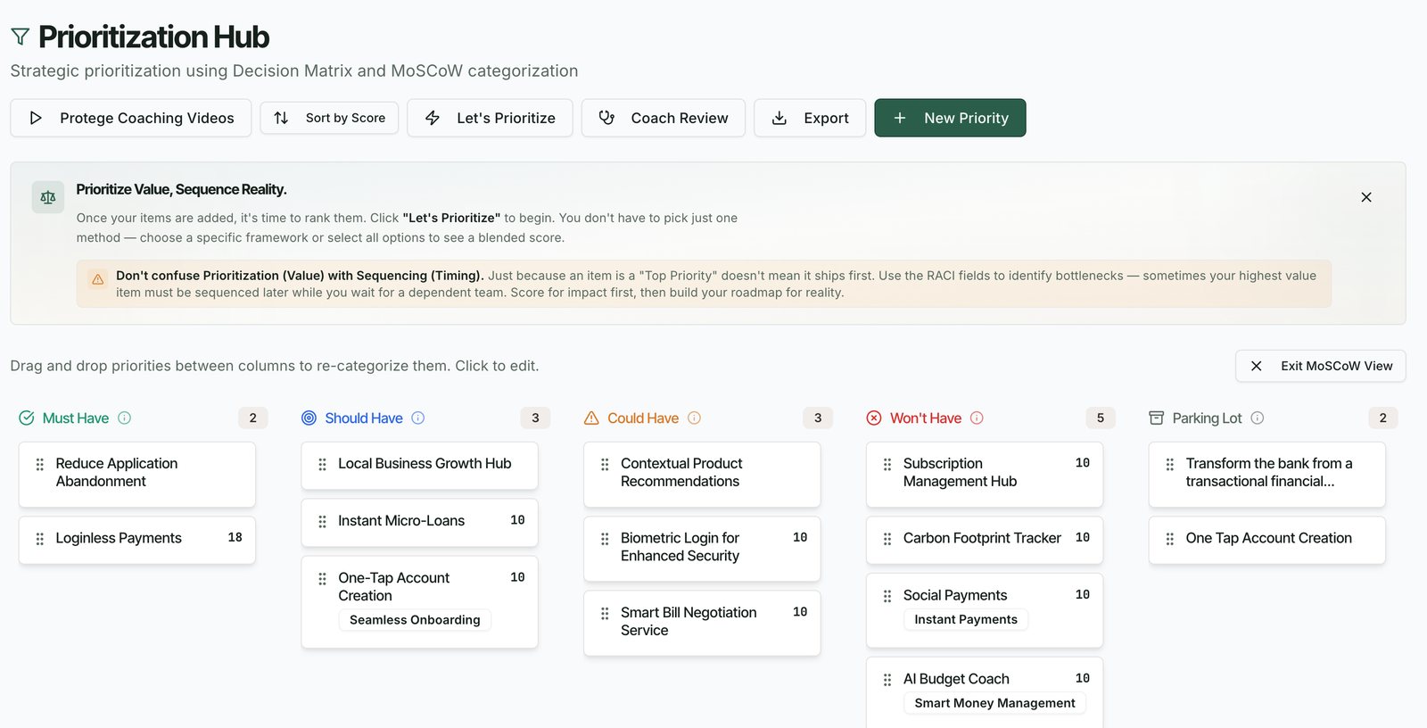 North Prioritization Hub with decision matrix and MoSCoW categorization
