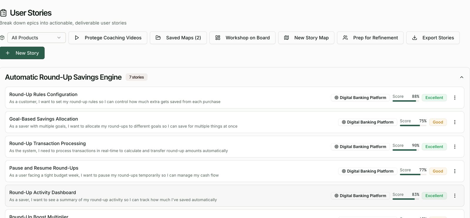 North user stories, each scored as it is written